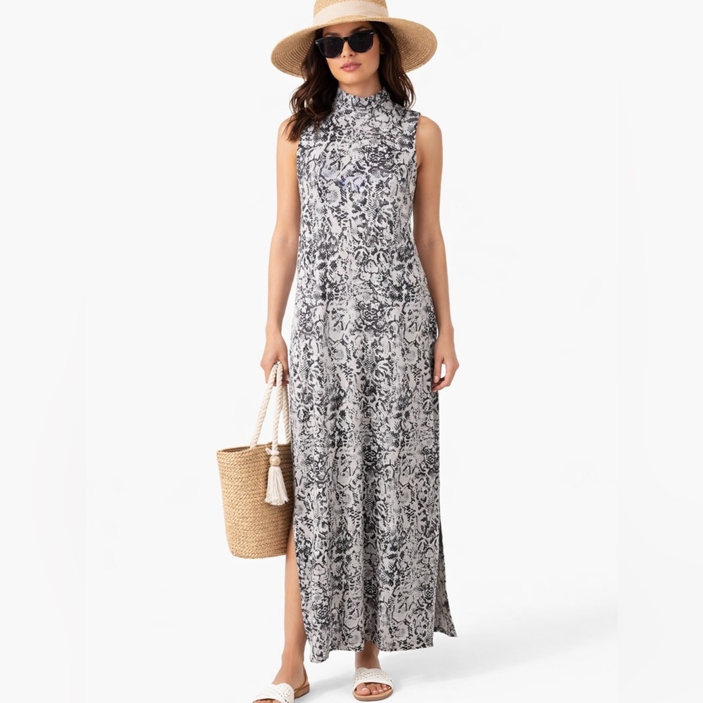 NWT Garnet Hill Snake Print High Neck Sleeveless Maxi Dress Side Slits Sz S 💛